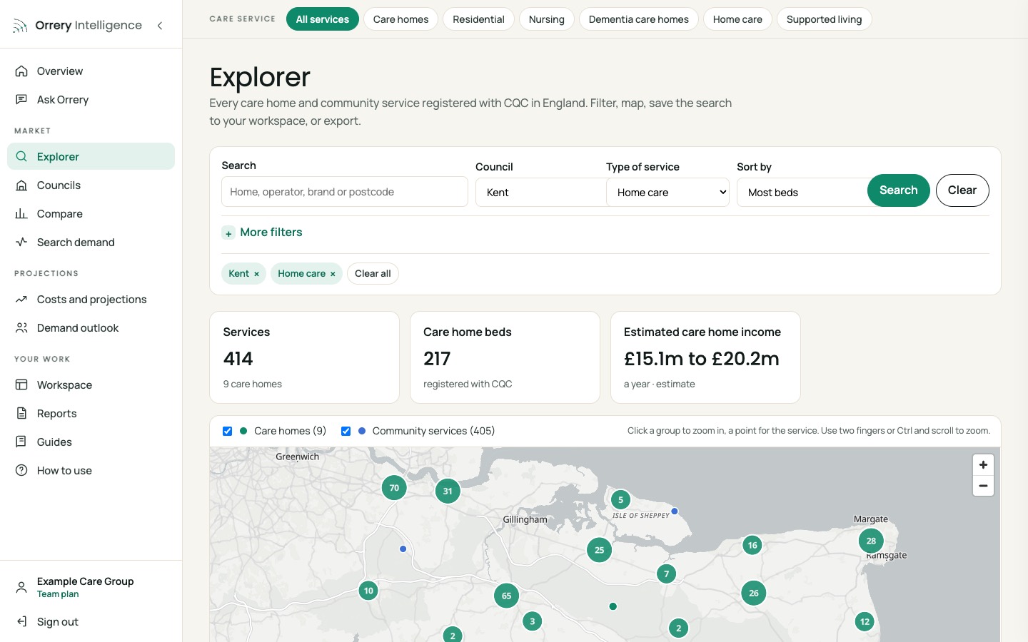 Orrery platform: Agencies near you, Kent example