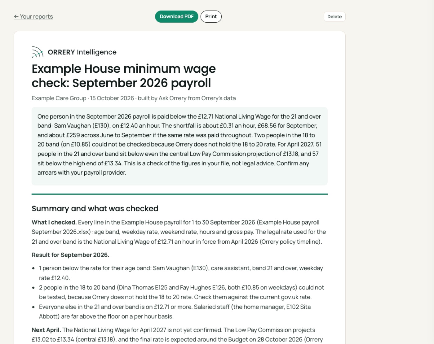 A report built by Ask Orrery: Build a two page minimum wage check from my Example House September payroll: anyone below the rate for their age band, the shortfall, and who needs a rise next April, with a table.