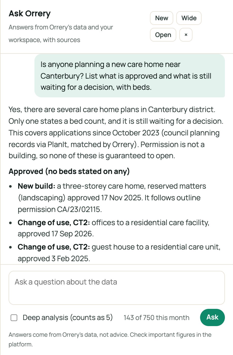 Ask Orrery answering: Is anyone planning a new care home near Canterbury? List what is approved and what is still waiting for a decision, with beds.