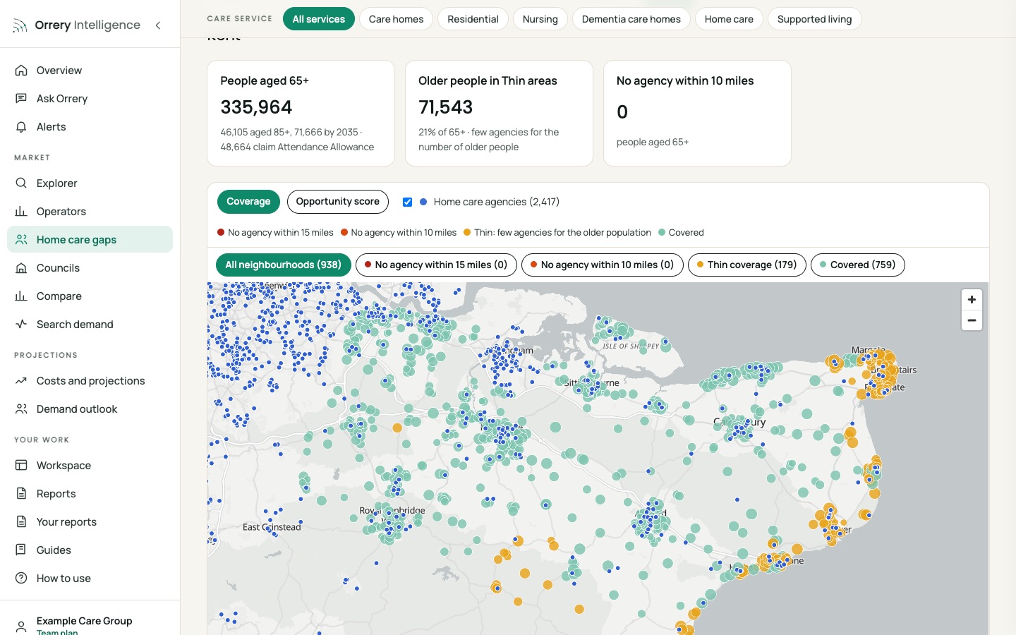 Orrery platform: Coverage map for Kent: each neighbourhood by older people and coverage, Kent example