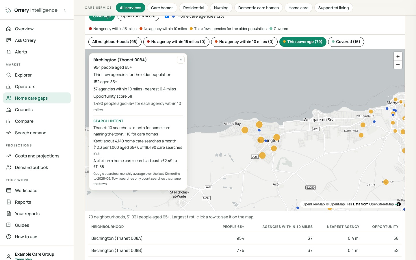 Orrery platform: Around a postcode: click a neighbourhood for its older population, agencies and search intent, Kent example