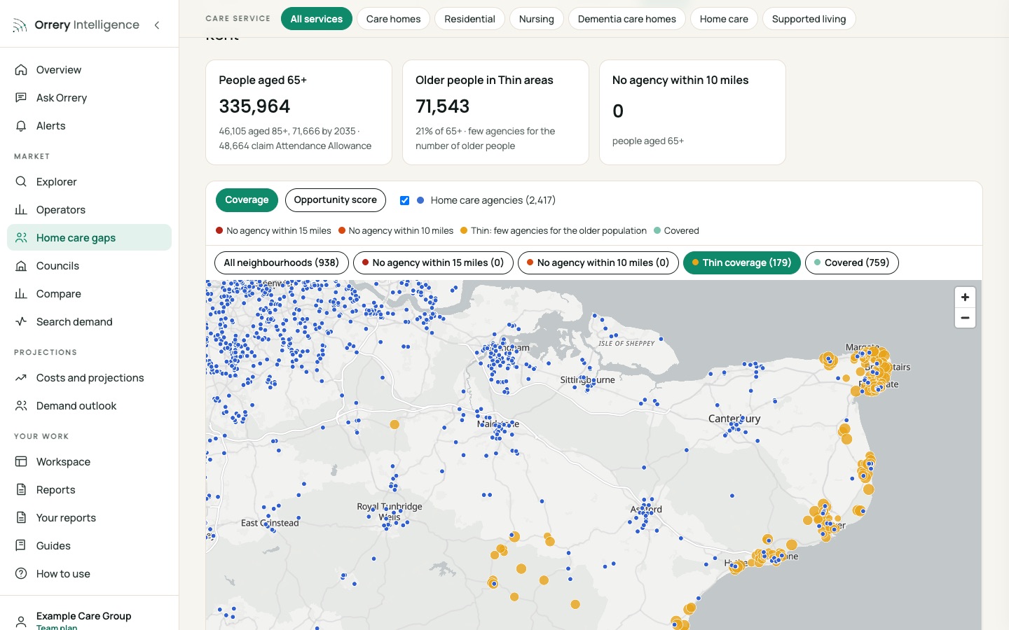 Orrery platform: Filter to thin coverage, with the list of neighbourhoods, Kent example